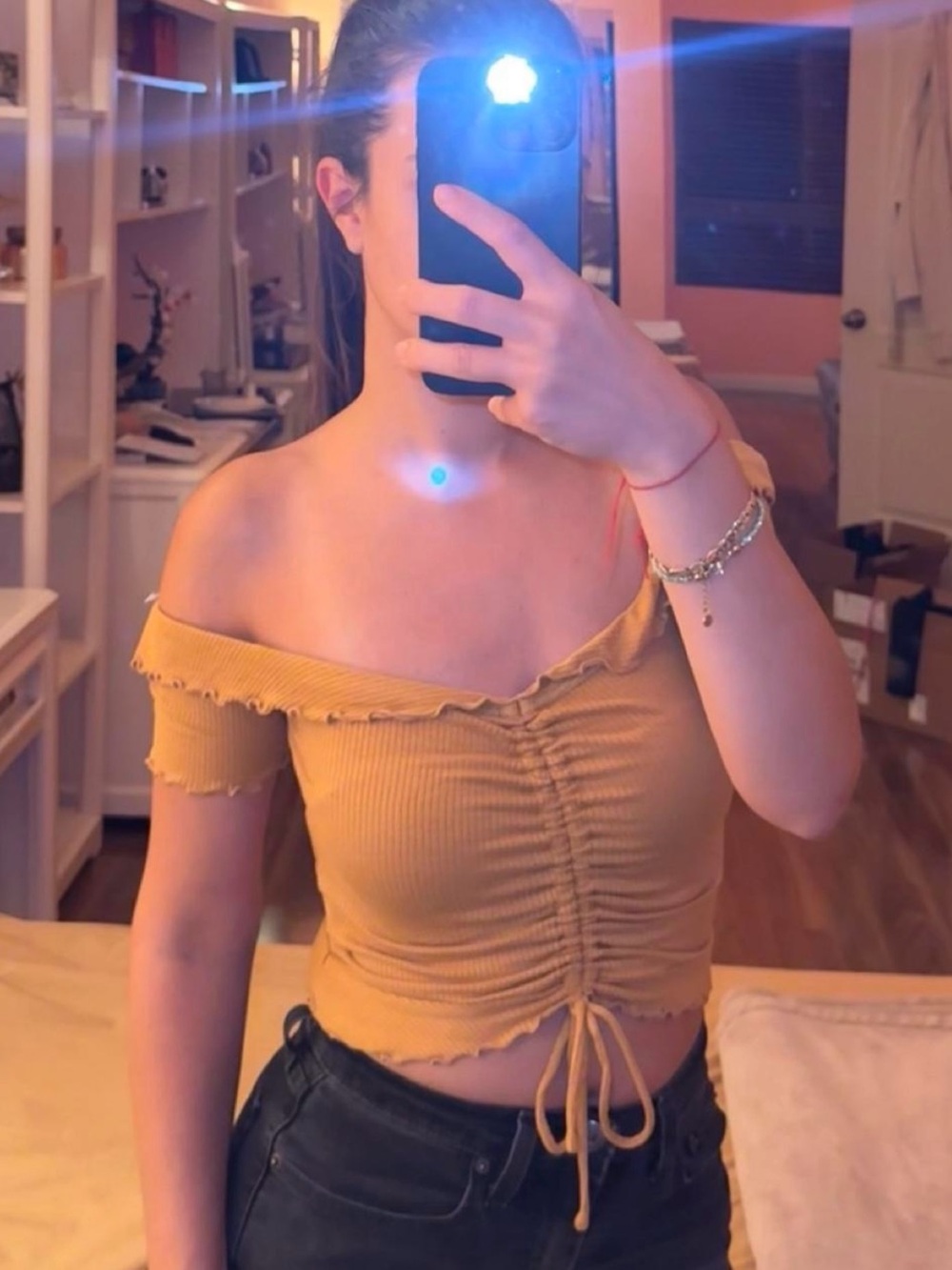 Off-Shoulder Mustard Ruched Crop Top